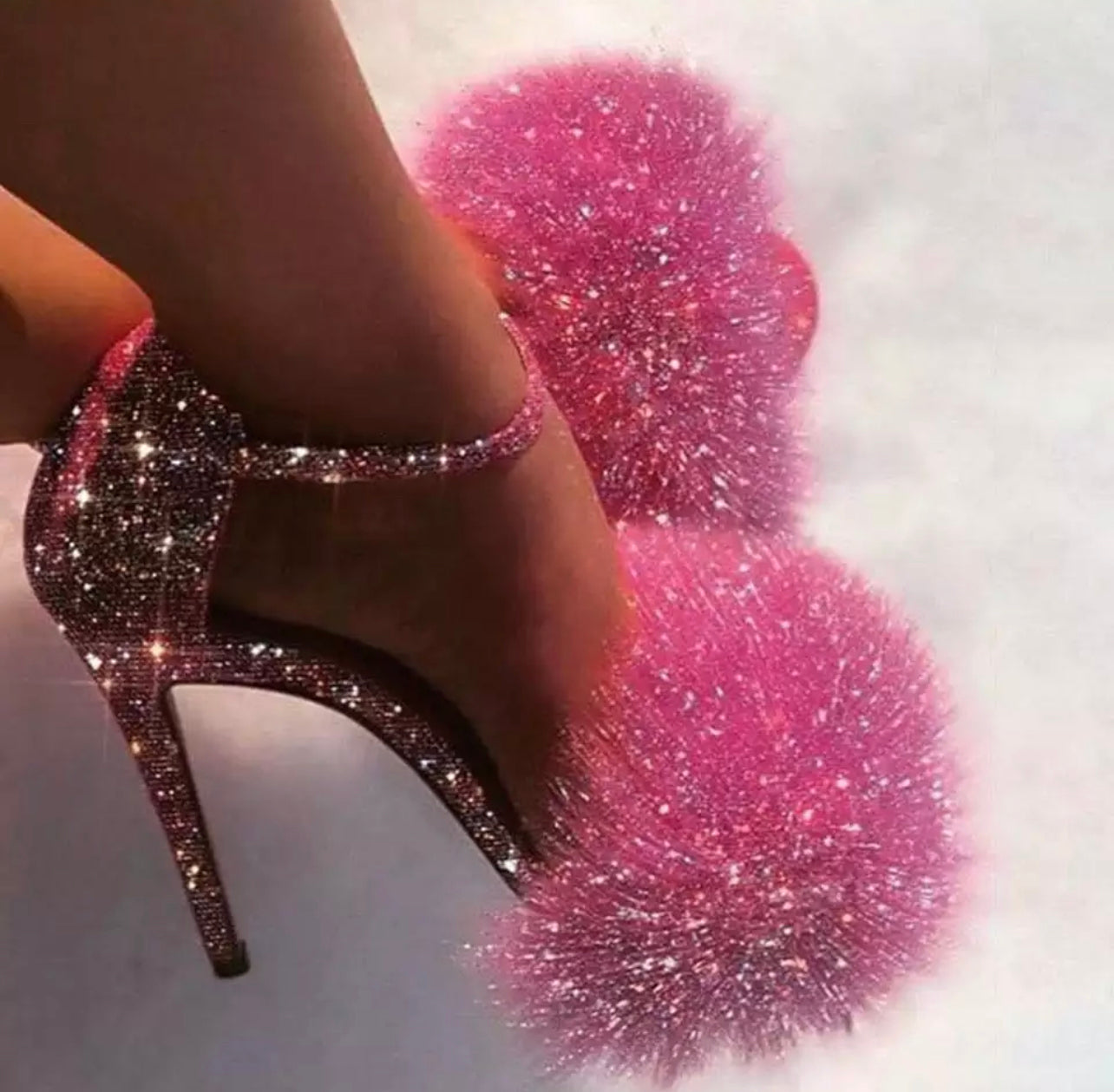 "Thee Doll” Pink Puff Glitter Heels